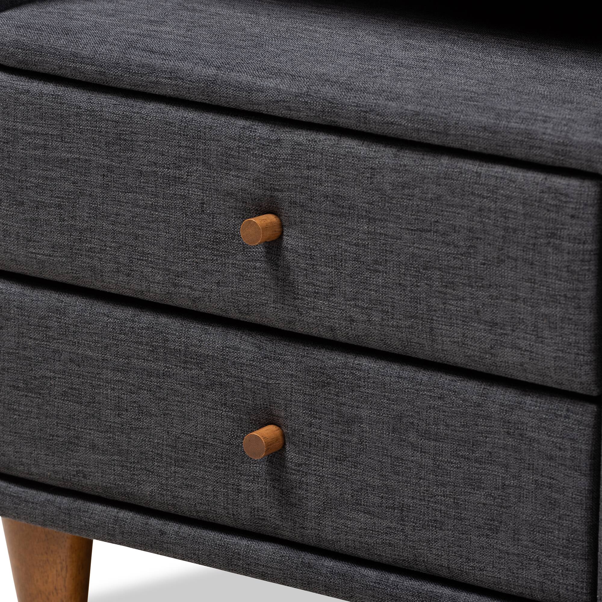 Alt View 1. Baxton Studio - Claverie Mid-Century Modern Charcoal Fabric Upholstered 2-Drawer Wood Nightstand - Charcoal.
