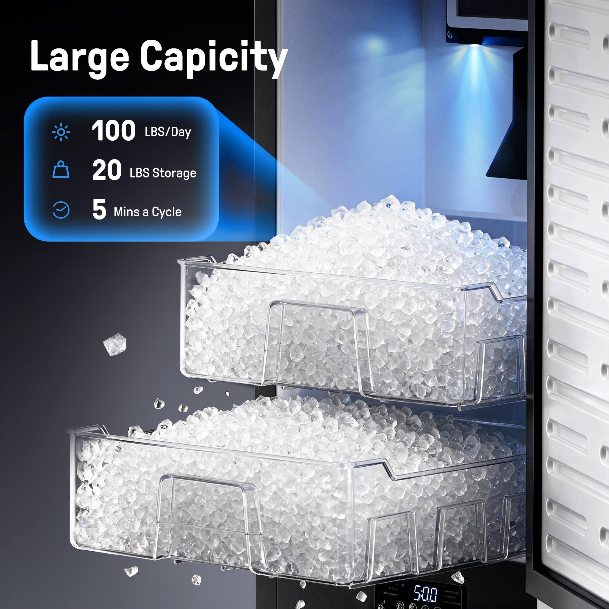 Large Capacity  
100 LBS/Day  
20 LBS Storage  
5 Mins a Cycle