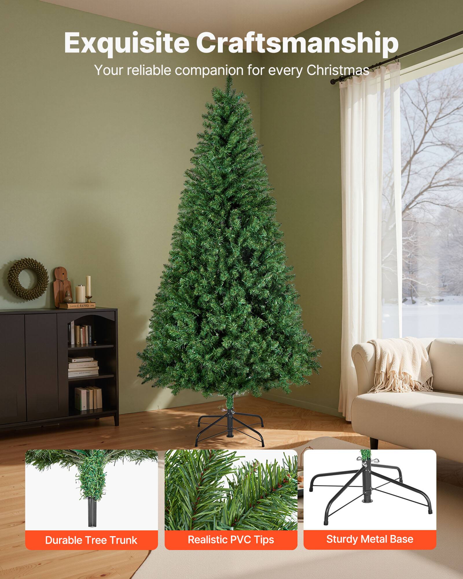 Exquisite Craftsmanship  
Your reliable companion for every Christmas  

- Durable Tree Trunk  
- Realistic PVC Tips  
- Sturdy Metal Base