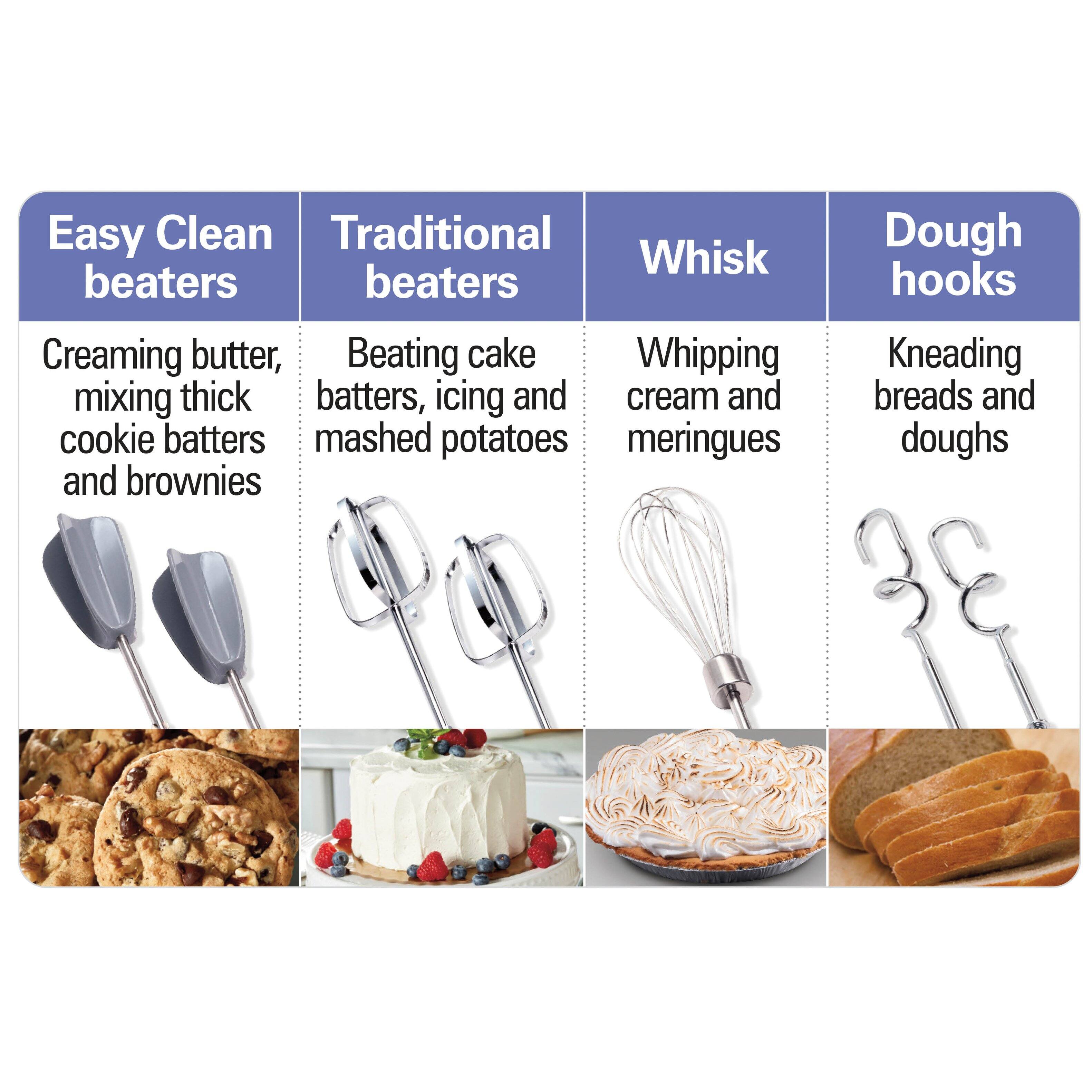 Easy Clean beaters  
Creaming butter, mixing thick cookie batters and brownies  

Traditional beaters  
Beating cake batters, icing and mashed potatoes  

Whisk  
Whipping cream and meringues  

Dough hooks  
Kneading breads and doughs