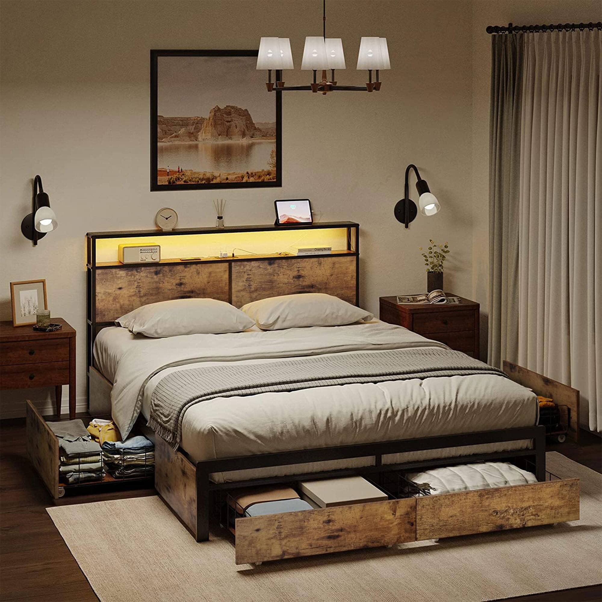HAUSOURCE - Full Bed Frame w/Built-In Storage Headboard, LED Lights, and 4 Drawers - Rustic Brown