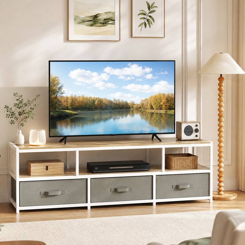 Angle. WELLFOR - TV Stand for TVs up to 65 Inches with Power Outlets,3 Drawer Dresser Entertainment Center,Media Console with Open Shelf - Natural.