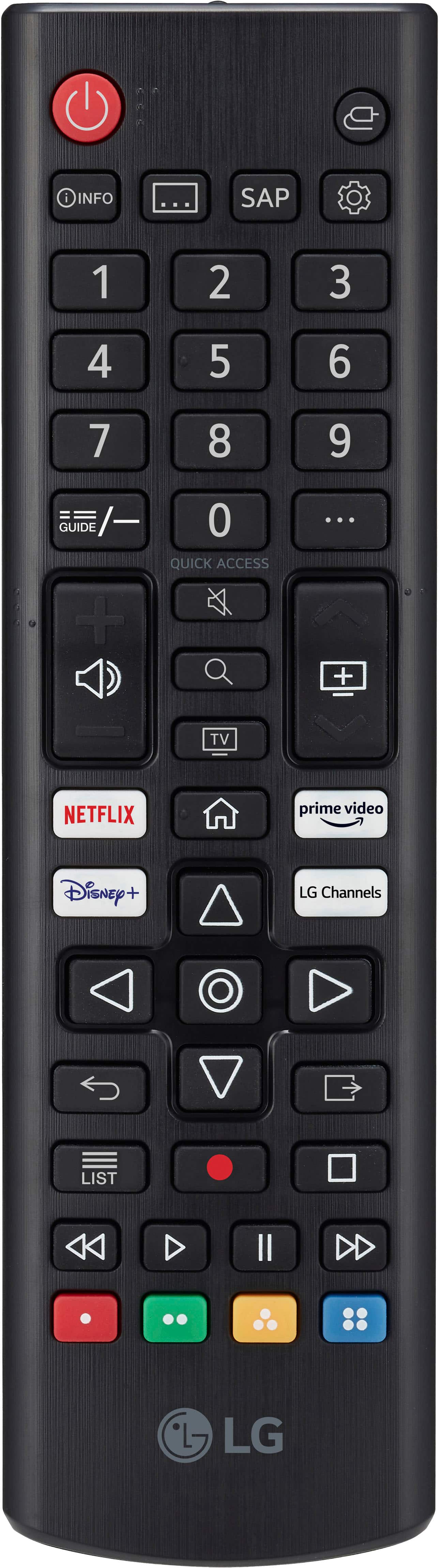 The text on the image reads:
"i INFO ... SAP 1 2 3 4 5 6 7 8 9 GUIDE /- + 0 QUICK ACCESS ... + TV NETFLIX prime video Disney + LG Channels LIST II LG"
The corrected text would be:
"i INFO ... SAP 1 2 3 4 5 6 7 8 9 GUIDE /- + 0 QUICK ACCESS ... + TV NETFLIX prime video Disney + LG Channels LIST II LG"
