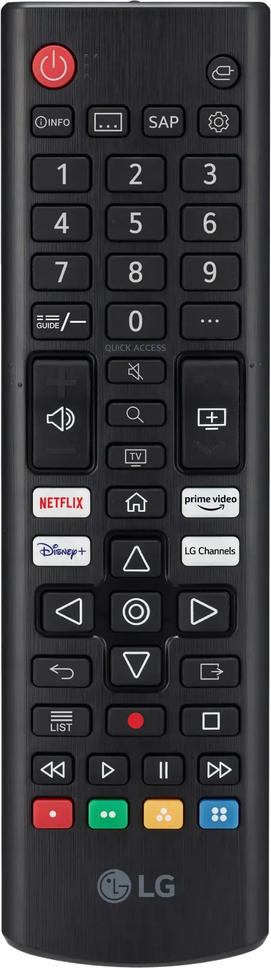 The text on the image reads:

"i INFO ... SAP 1 2 3 4 5 6 7 8 9 GUIDE /- + 0 QUICK ACCESS ... + TV NETFLIX prime video Disney + LG Channels LIST II LG"

The corrected text would be:

"i INFO ... SAP 1 2 3 4 5 6 7 8 9 GUIDE /- + 0 QUICK ACCESS ... + TV NETFLIX prime video Disney + LG Channels LIST II LG"