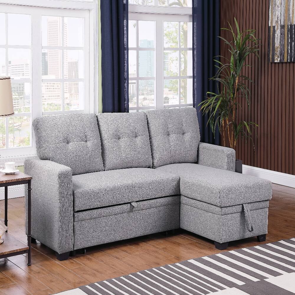 Alt View 2. Loheer - Loheer Pull Out Sectional Sofa Upholstered Sleeper Sofa with Storage Chaise Twin Size Loveseat - Grey.