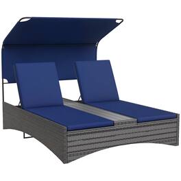 Outsunny - PE Rattan Outdoor Double Chaise Lounge with Canopy, Adjustable 5-Position Reclining Daybed - Blue