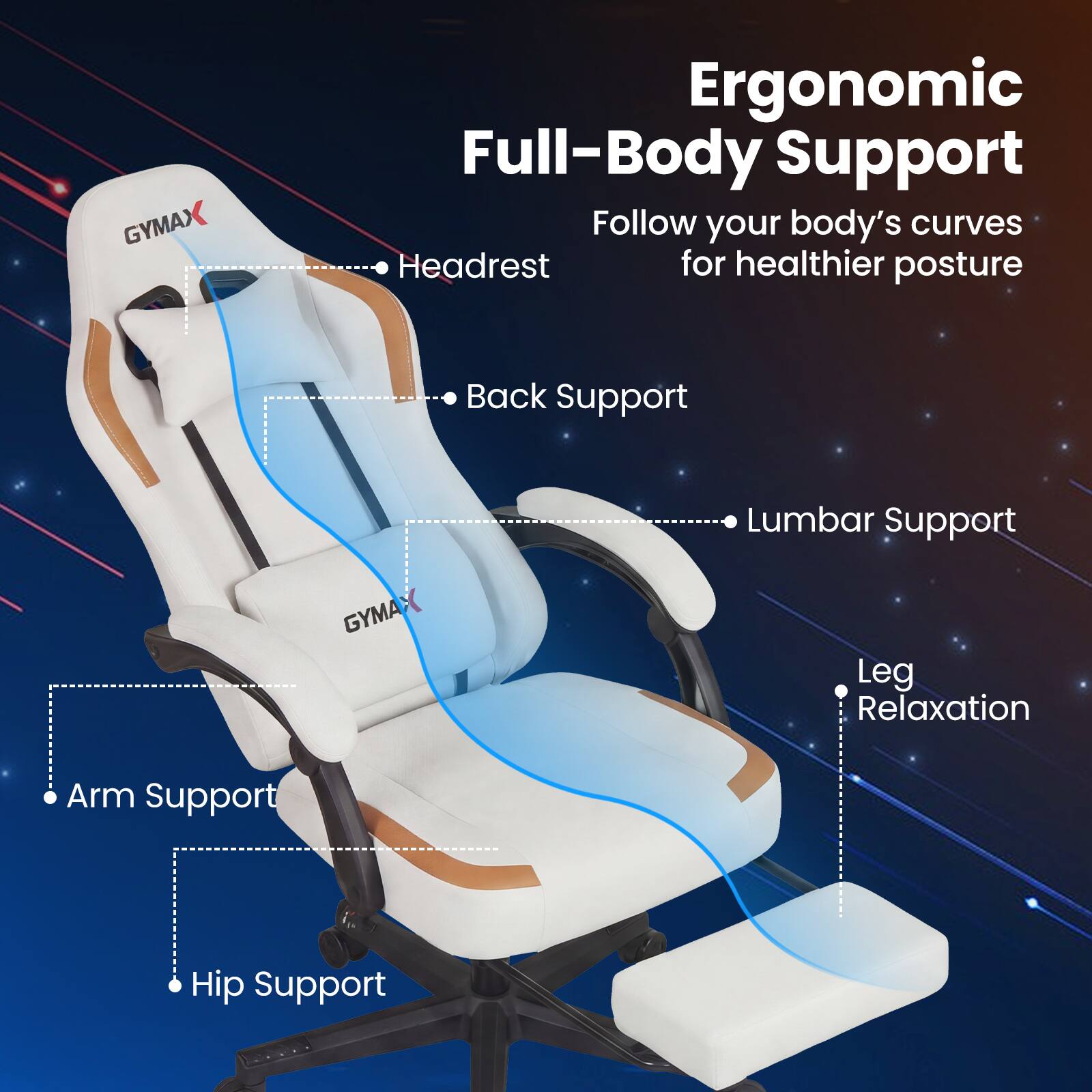 Ergonomic Full-Body Support  
Follow your body's curves for healthier posture  

- Headrest  
- Back Support  
- Lumbar Support  
- Arm Support  
- Hip Support  
- Leg Relaxation