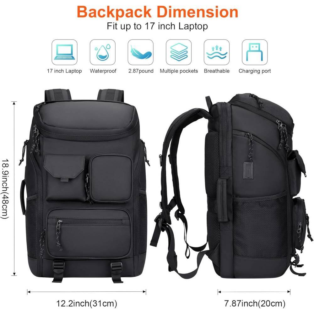 Backpack Dimension  
Fit up to 17 inch Laptop  

17 inch Laptop  
Waterproof  
2.87 pound  
Multiple pockets  
Breathable  
Charging port  

18.9inch(48cm)  
12.2inch(31cm)  
7.87inch(20cm)