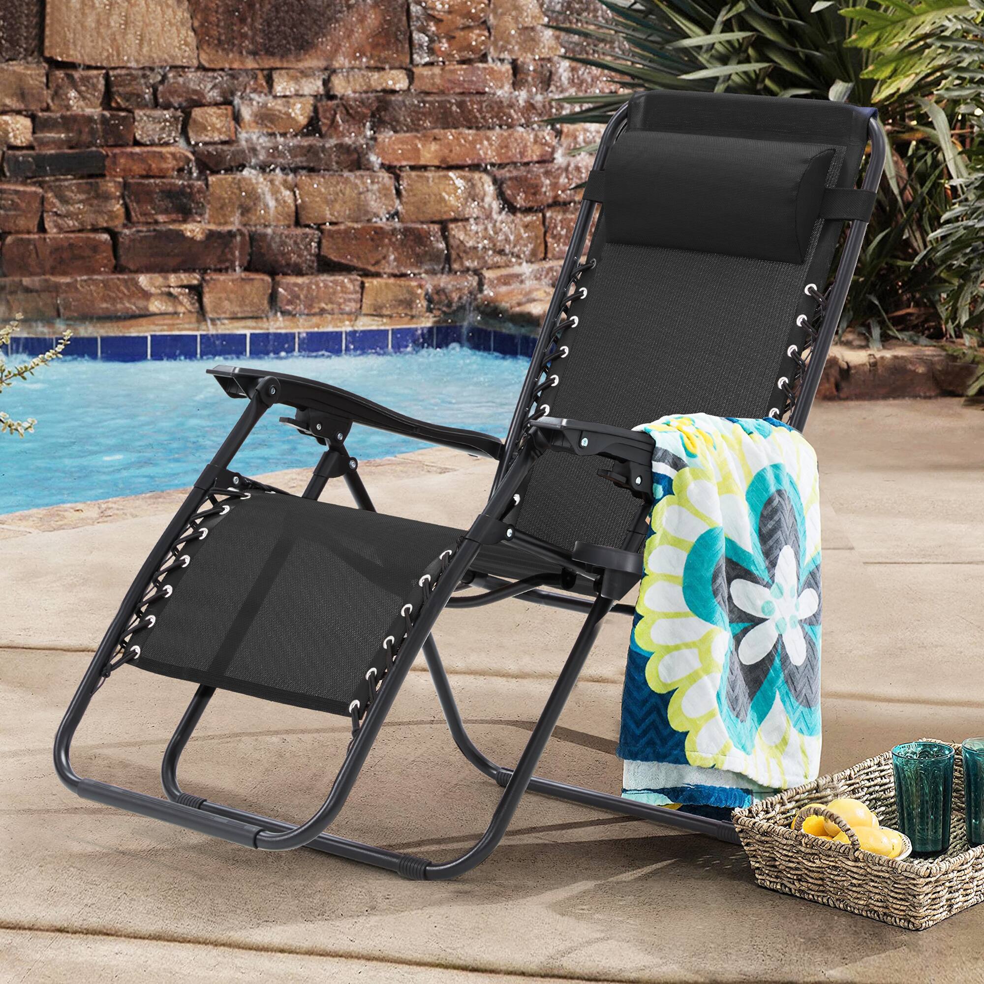 Alt View 5. U-HOMY - Zero Gravity Reclining Lounge Chair Set of 2 Outdoor Folding Recliners with Cup Holder and Weather Resistant Fabric - Black.