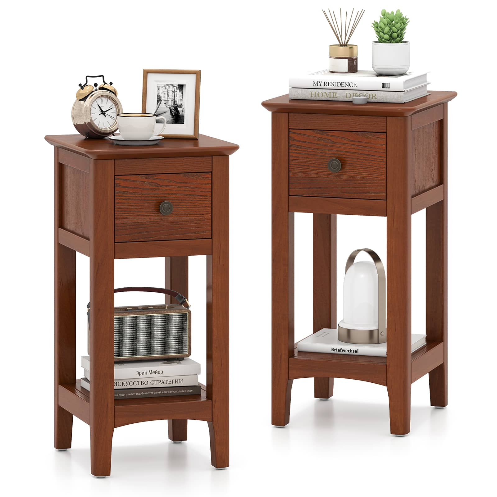 Gymax - 2PCS Nightstand 3-Tier Bedside Table w/ Open Storage Shelf & Narrow Side Table Brown - Walnut price history on PriceWatchPro