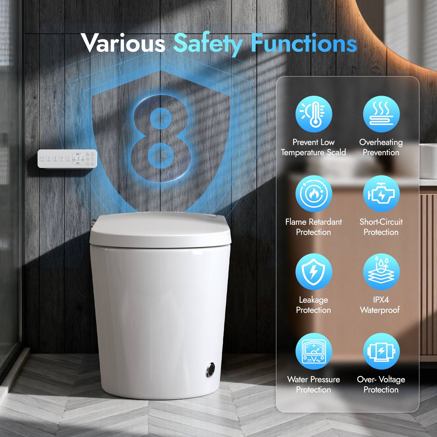 Various Safety Functions

1. Prevent Low Temperature Scald
2. Overheating Prevention
3. Flame Retardant Protection
4. Short-Circuit Protection
5. Leakage Protection
6. IPX4 Waterproof
7. Water Pressure Protection
8. Over-Voltage Protection