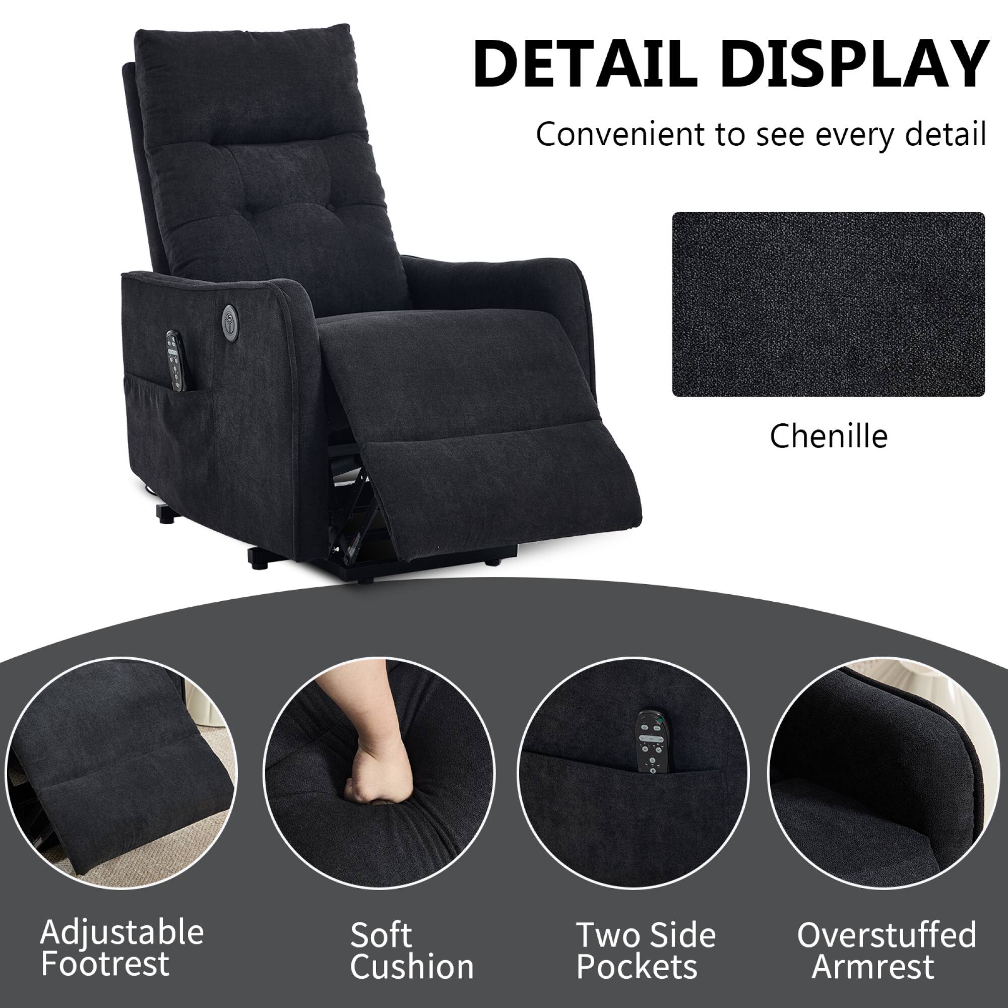 DETAIL DISPLAY  
Convenient to see every detail  

Chenille  

Adjustable Footrest  
Soft Cushion  
Two Side Pockets  
Overstuffed Armrest