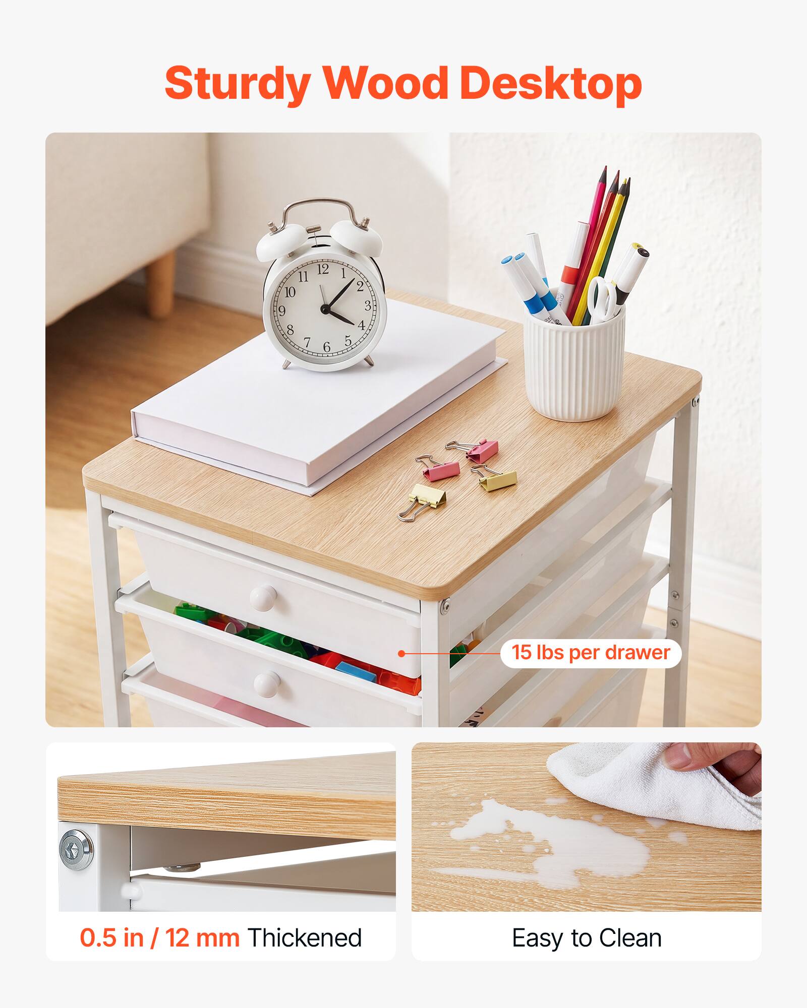 Sturdy Wood Desktop

11 10 9 8 7 12 C 6 1 5 2 3 4

15 lbs per drawer

0.5 in / 12 mm Thickened

Easy to Clean