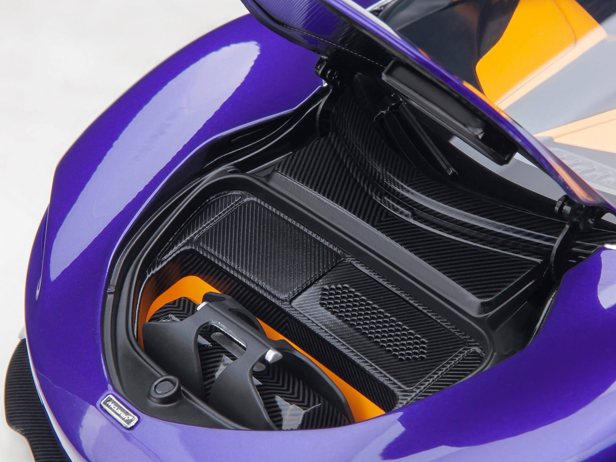 Alt View 2. Autoart - McLaren Speedtail Lantana Purple Met. w/Black Top and Yellow Interior and Suitcase Accessories 1/18 Model Car by Autoart.