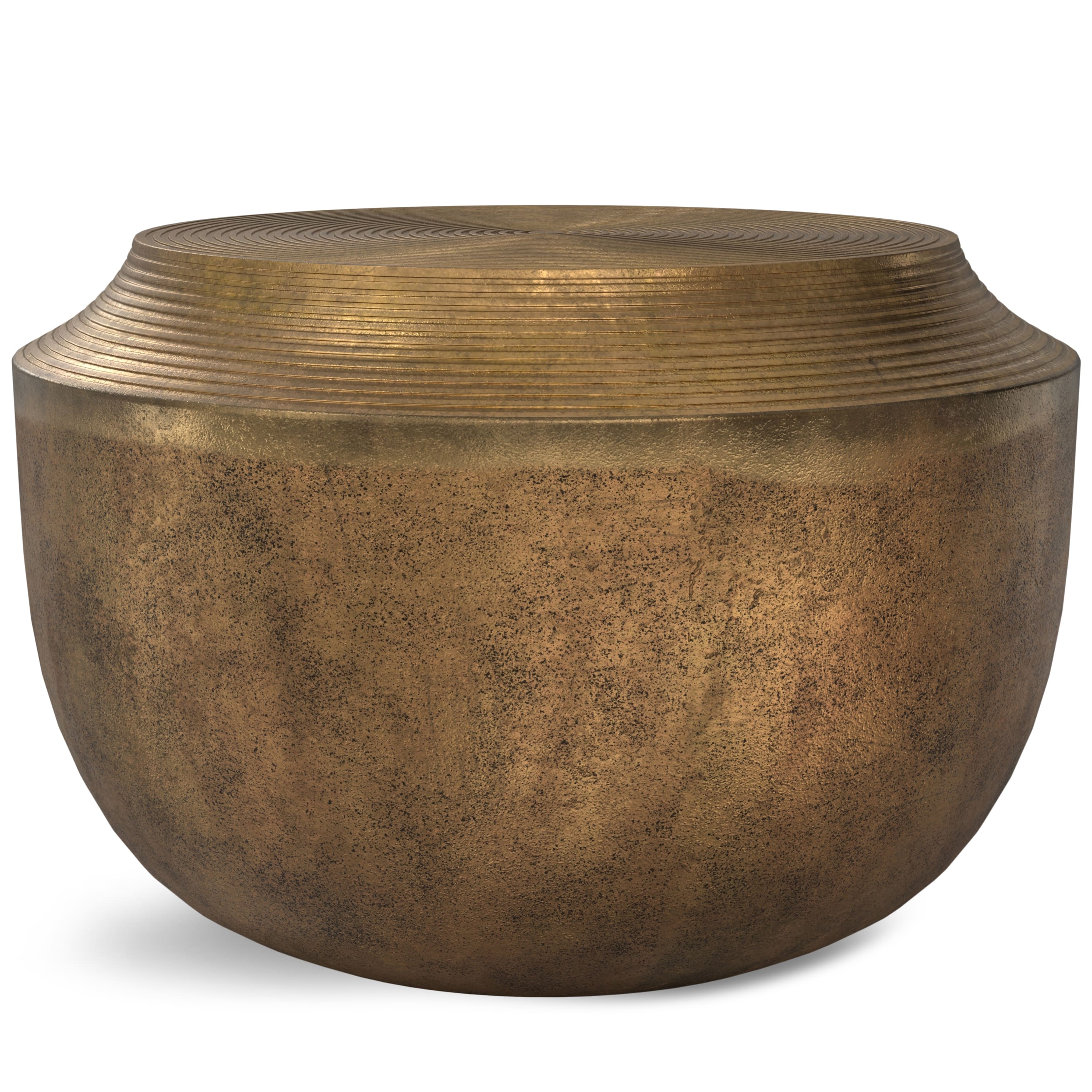 Simpli Home - Timmons 21 inch Wide Round Contemporary Cast Aluminum Coffee Table, Fully Assembled - Antique Brass