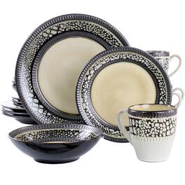 Elama - Desert Sand 16 Piece Stoneware Dinnerware Set - Sand and Black