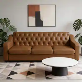 Dyonery - 78.7" PU Leather Couch, Sofa with Deep Seat, Handmade Button Tufted 3 Seater Sofa, Modern Leather Sofa - Brown