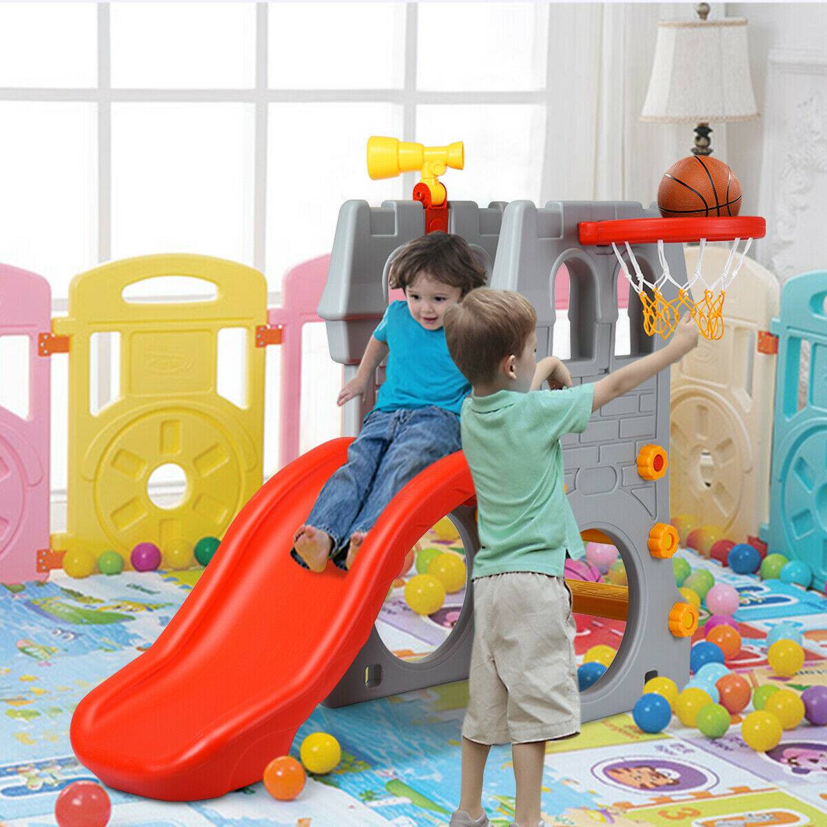 Alt View 1. Gymax - Gymax 2-Step Children Castle Slide Basketball Hoop and Telescope Toy Indoor & Outdoor - Gray, Red, Yellow.