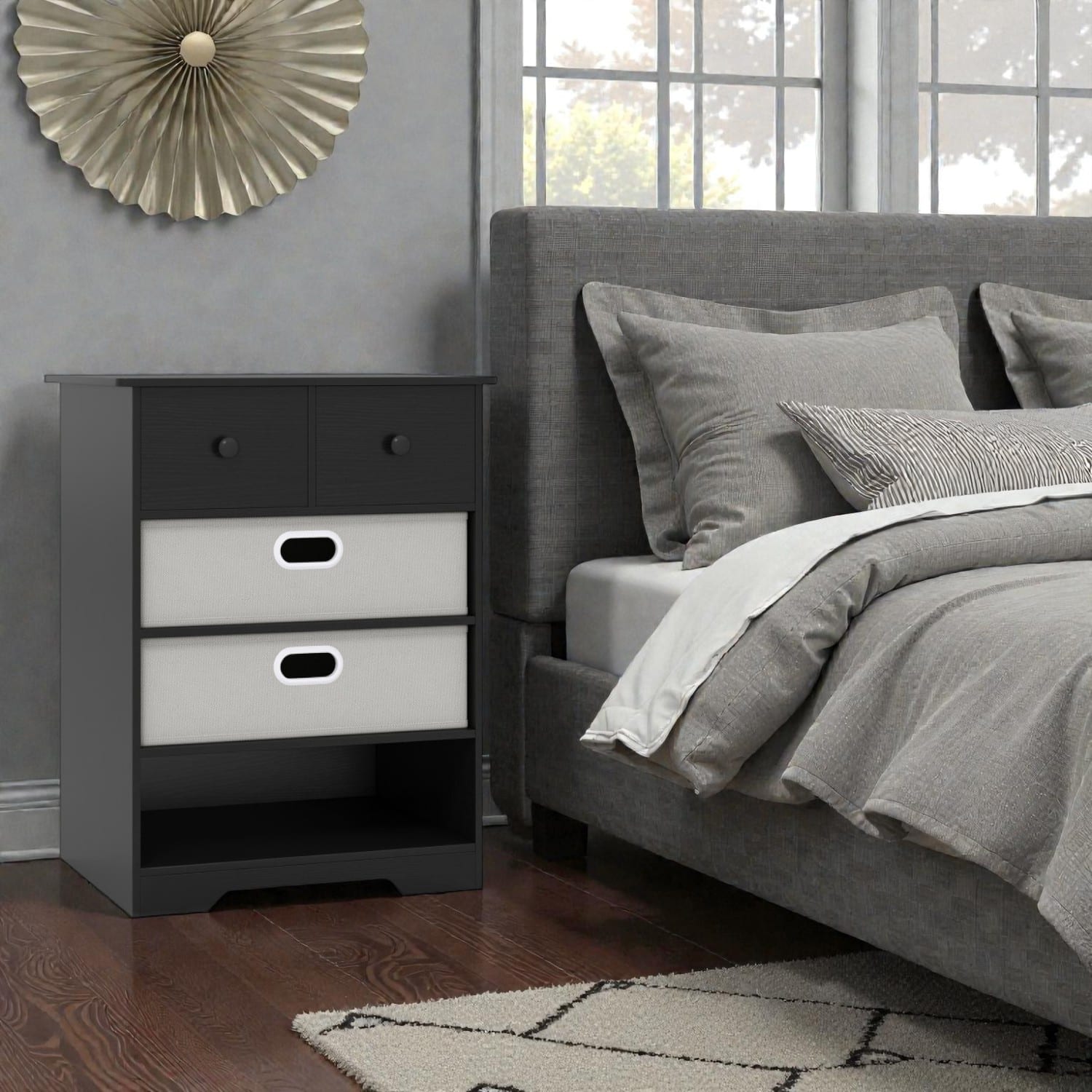 Hivvago - Modern 4-Drawer Chest with Open Storage Shelves - Black + Grey
