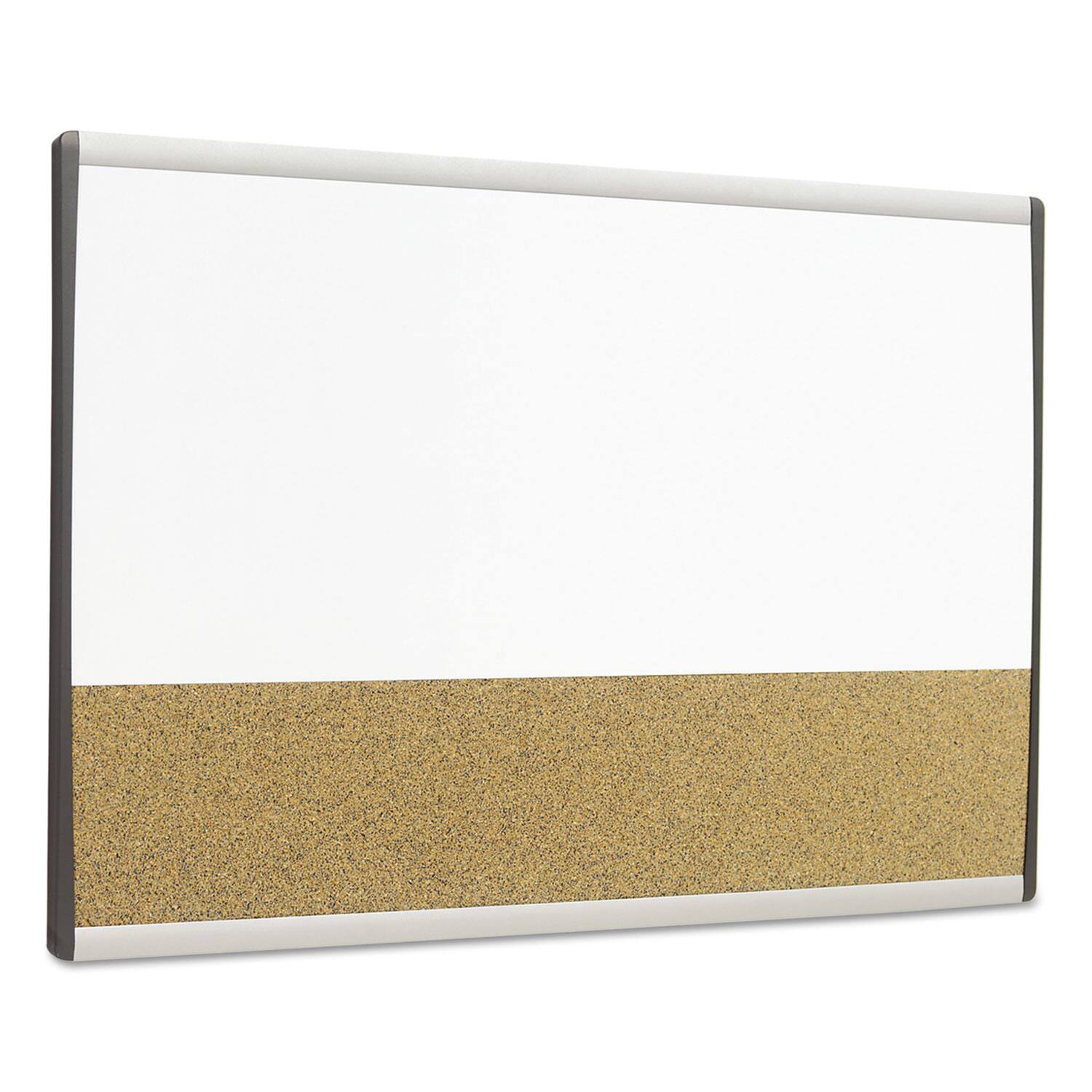 Angle. Quartet - ARC Frame Cubicle Board, Combo Dry Erase/Cork Bulletin, 30" x 18", Tan/White Surface, Satin Aluminum Frame.