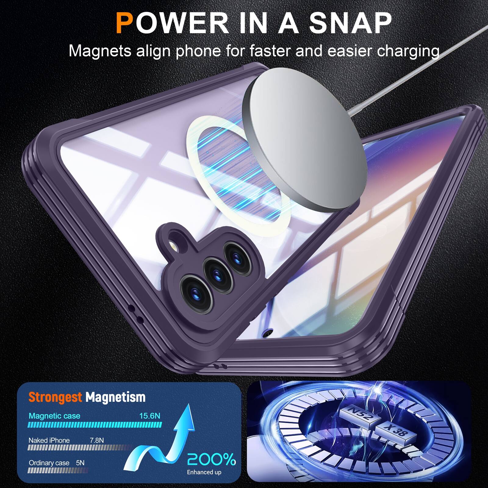 POWER IN A SNAP  
Magnets align phone for faster and easier charging  

Strongest Magnetism  
Magnetic case 15.6N  
Naked iPhone 7.8N  
Ordinary case 5N  

200% Enhanced up  
N52 X38