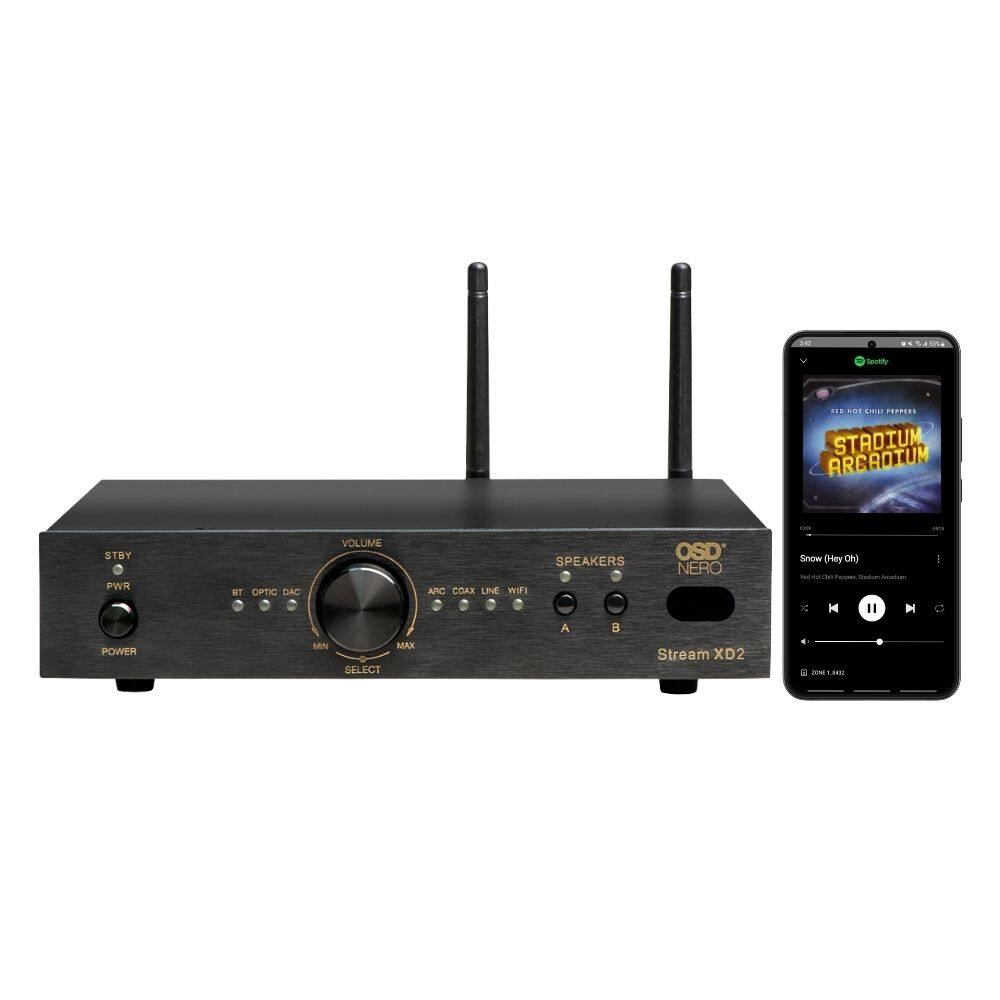 DU  
Spotify  
100  
CHILI PEPPERS STADIUM ARCADIUM  
COM  
STBY PWR  
BT OPTIC DAC  
VOLUME  
SPEAKERS ARC COAX LINE WIFI A 8  
OSD NERO  
Snow (Hey Oh)  
II  
M  
POWER  
MN MAX SELECT  
Stream XD2  
2012 LHE