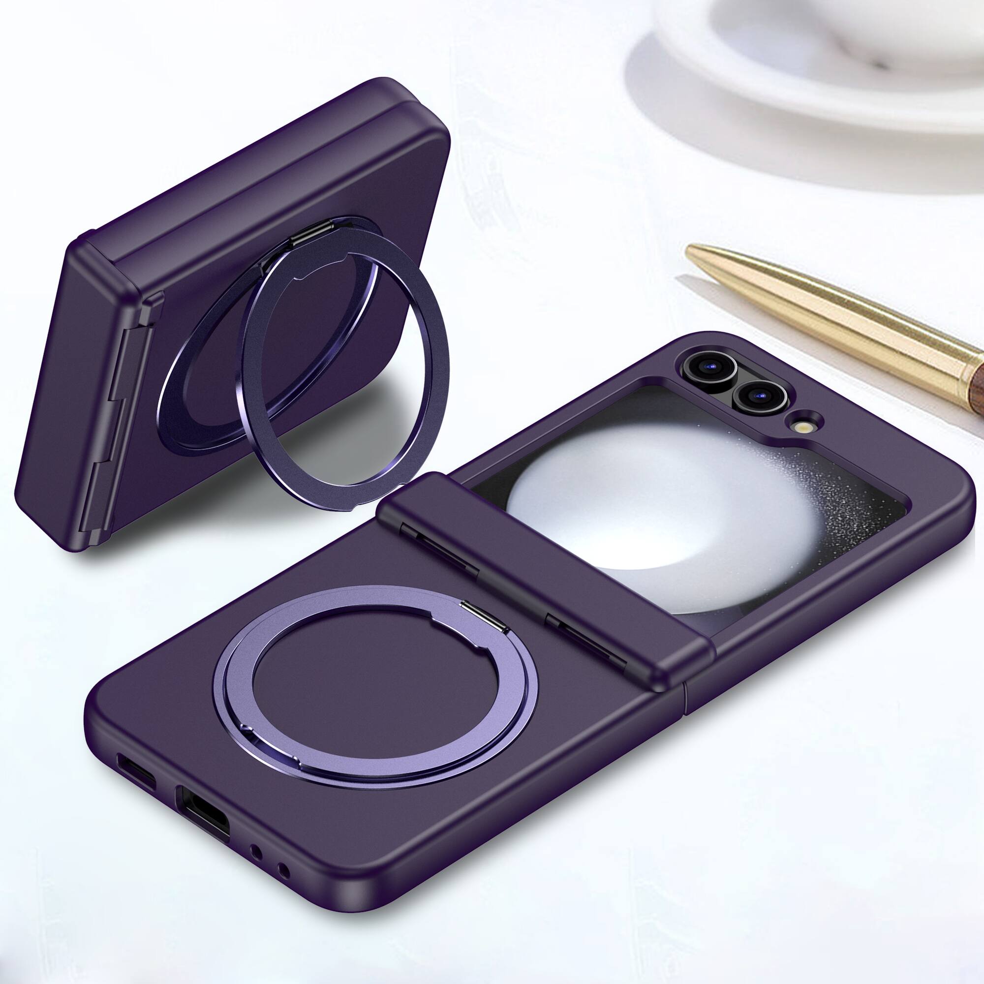 Alt View 1. Dteck - for Samsung Galaxy Z Flip6/7FE Matte Case,Shockproof Hard PC Cover with Hinge Protection,Rugged Rotatable Kickstand Case - Darkpurple.