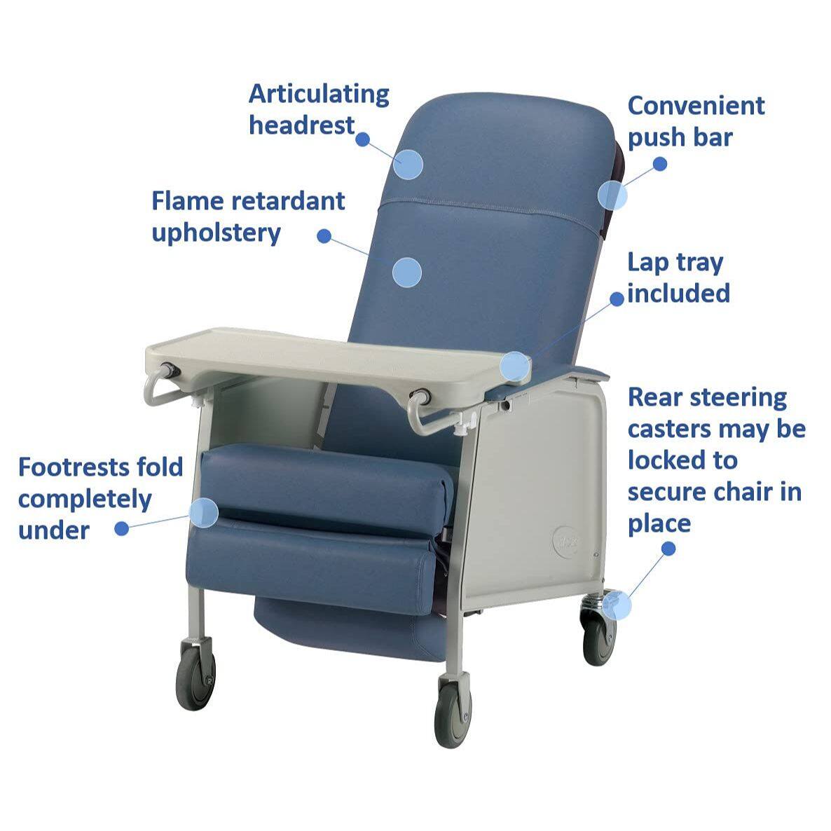 - Articulating headrest
- Flame retardant upholstery
- Convenient push bar
- Lap tray included
- Footrests fold completely under
- Rear steering casters may be locked to secure chair in place