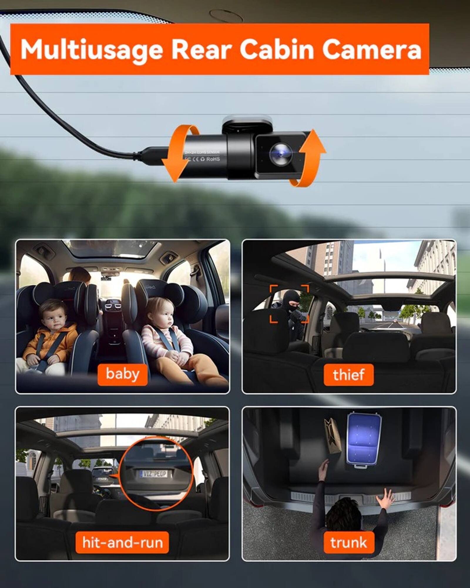 Multiusage Rear Cabin Camera

- Baby
- Thief
- Hit-and-run
- Trunk