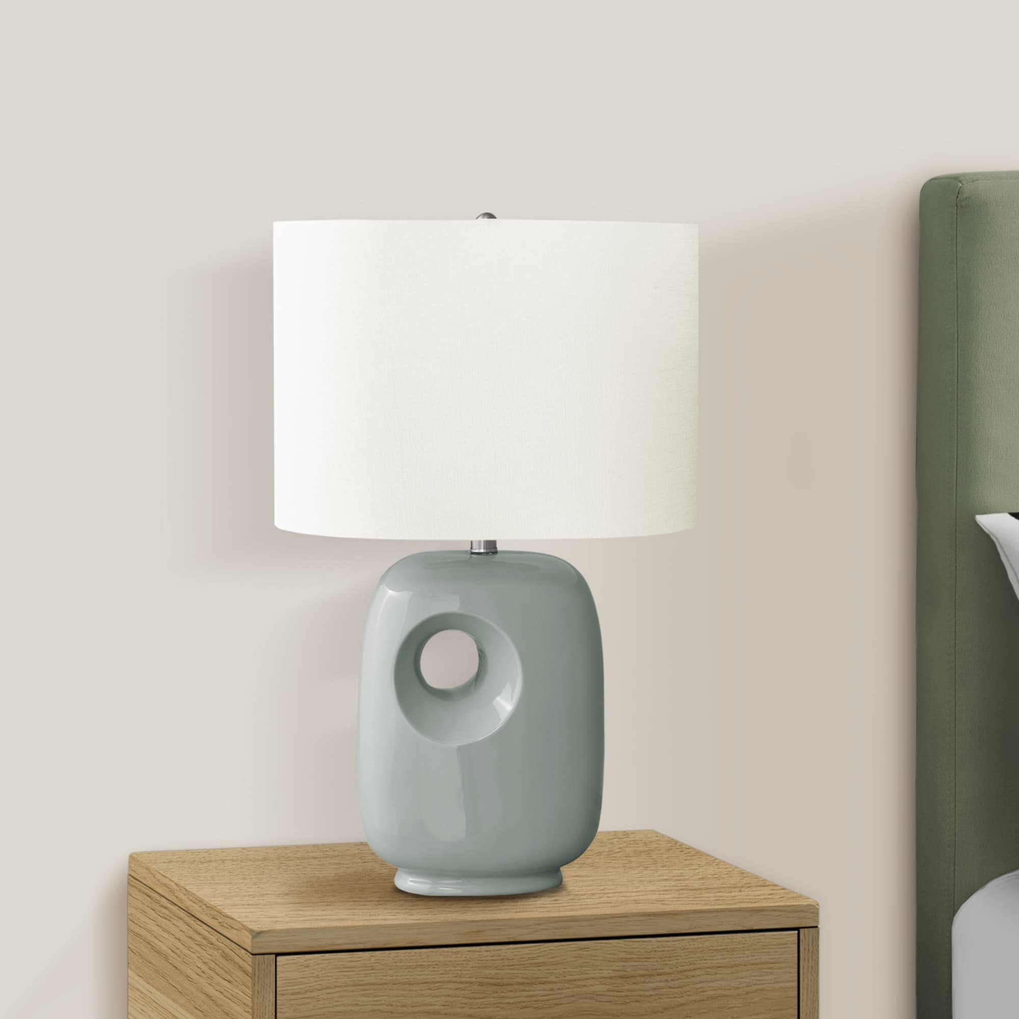 Left. Luckbyte - 26 Inch Green Ceramic Table Lamp Ivory Cream Shade Contemporary Modern Light.