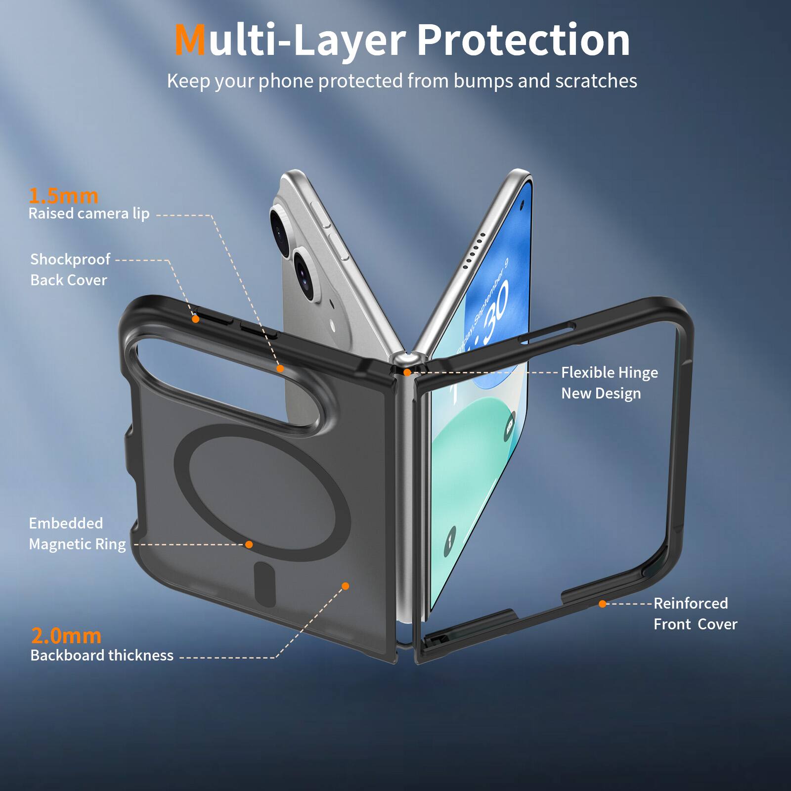 Multi-Layer Protection  
Keep your phone protected from bumps and scratches

1.5mm Raised camera lip  
Shockproof Back Cover  
Flexible Hinge New Design  
Embedded Magnetic Ring  
2.0mm Backboard thickness  
Reinforced Front Cover