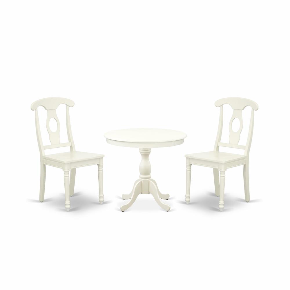 Alt View 2. East West Furniture - AMKE3-LWH-W 3 Piece Dining Set - 1 Pedestal Table and 2 Linen White Wooden Kitchen Chairs - Linen White Finish - Linen White.
