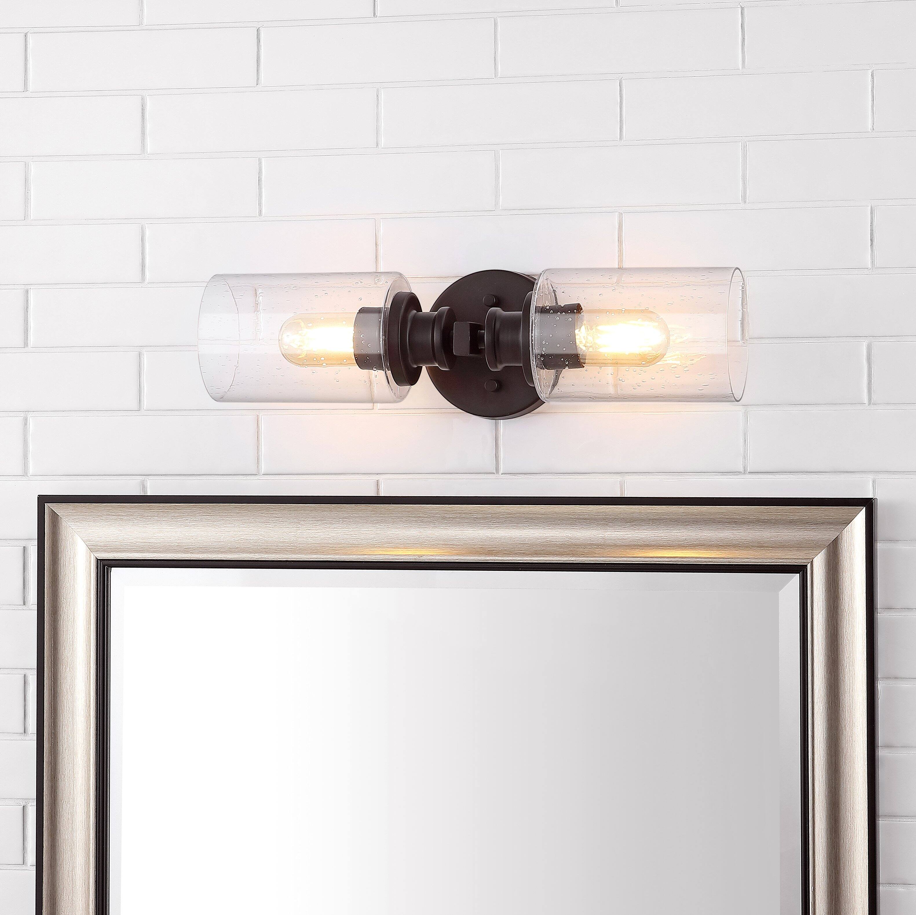 Alt View 1. Jonathan Y - Jules Edison 16.5" Cylinder 2-Light Iron/Seeded Glass Farmhouse Contemporary LED Wall Sconce, Oil Rubbed Bronze - Oil Rubbed Bronze.