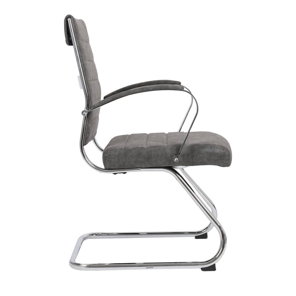 Alt View 4. LeisureMod - Benmar Office Chair, Ribbed Leather Upholstery with Chrome Arms and Sled Base, Modern Desk Seating for Home or Office - Charcoal.