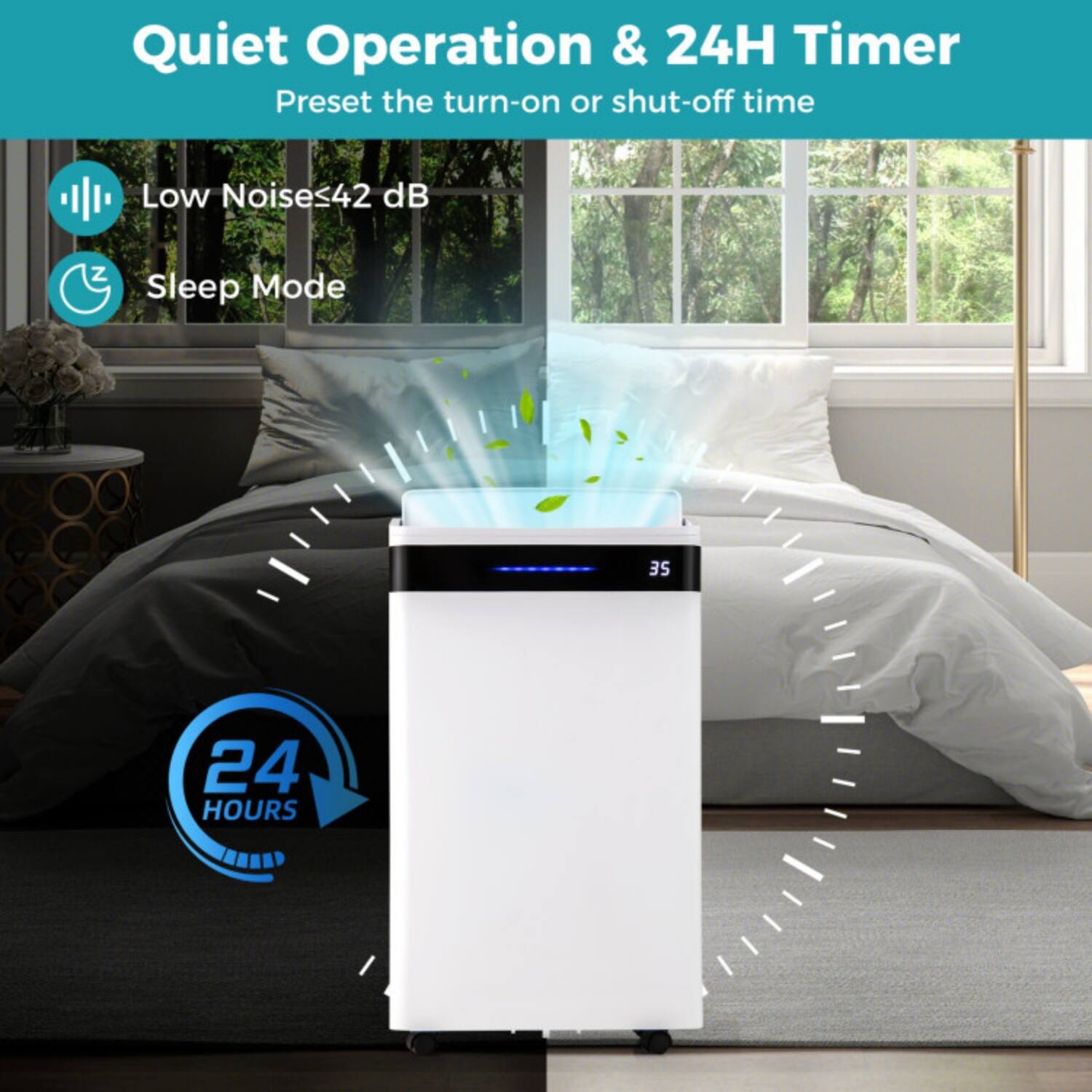 Quiet Operation & 24H Timer  
Preset the turn-on or shut-off time  

Low Noises ≤42 dB  
Sleep Mode  

24 HOURS