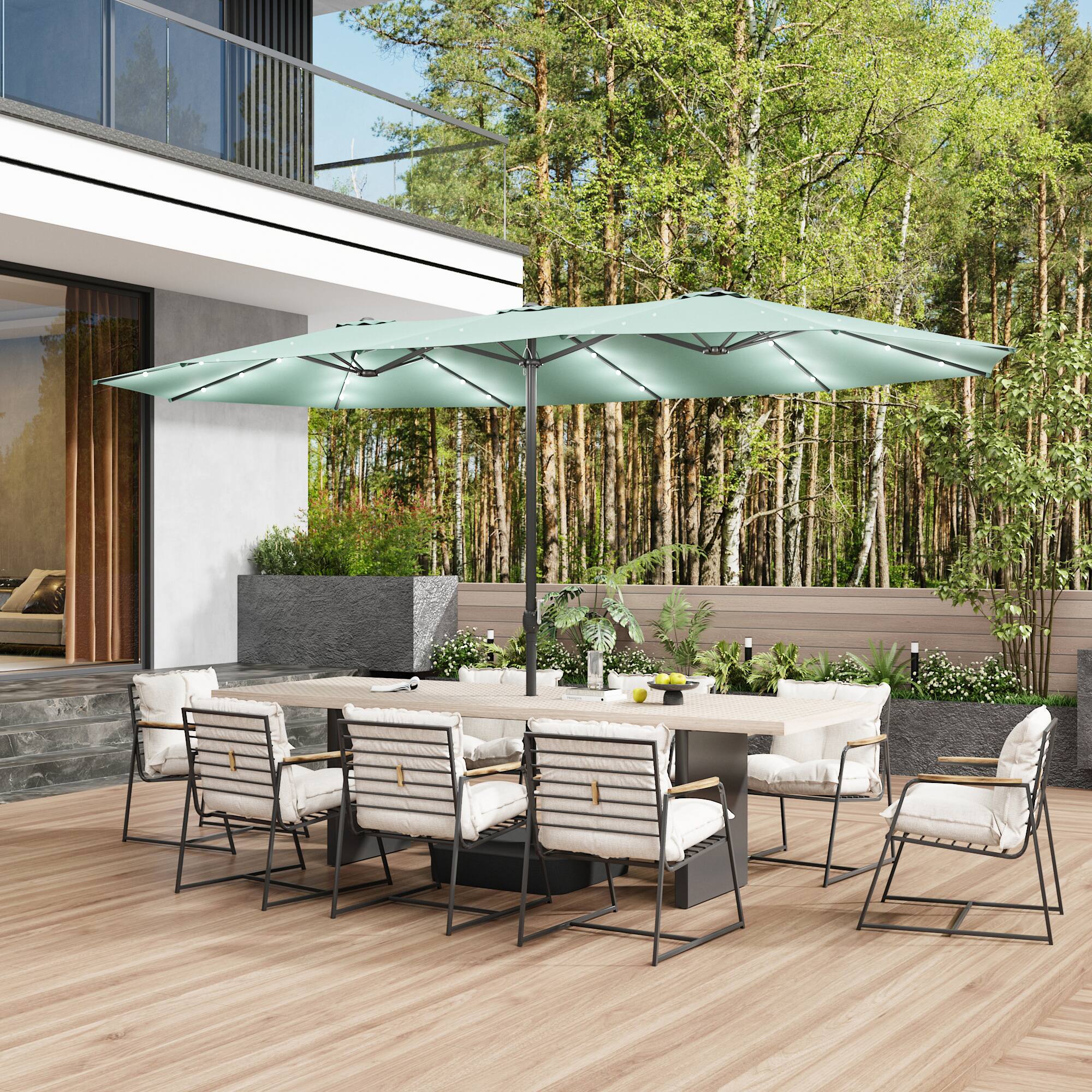 Back. Famapy - Large Rectangular Outdoor Patio Umbrella with Integrated Edge LED Lights Day-to-Night Shade Multiple Colors - Mint green.