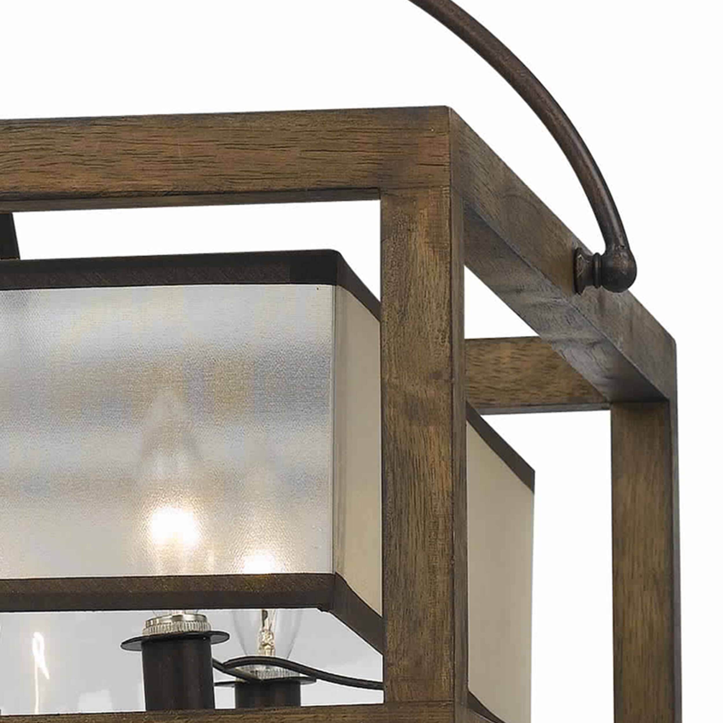 Left. Manhattan Lane - 6 Bulb Square Chandelier with Wooden Frame and Organza Striped Shade - Brown.