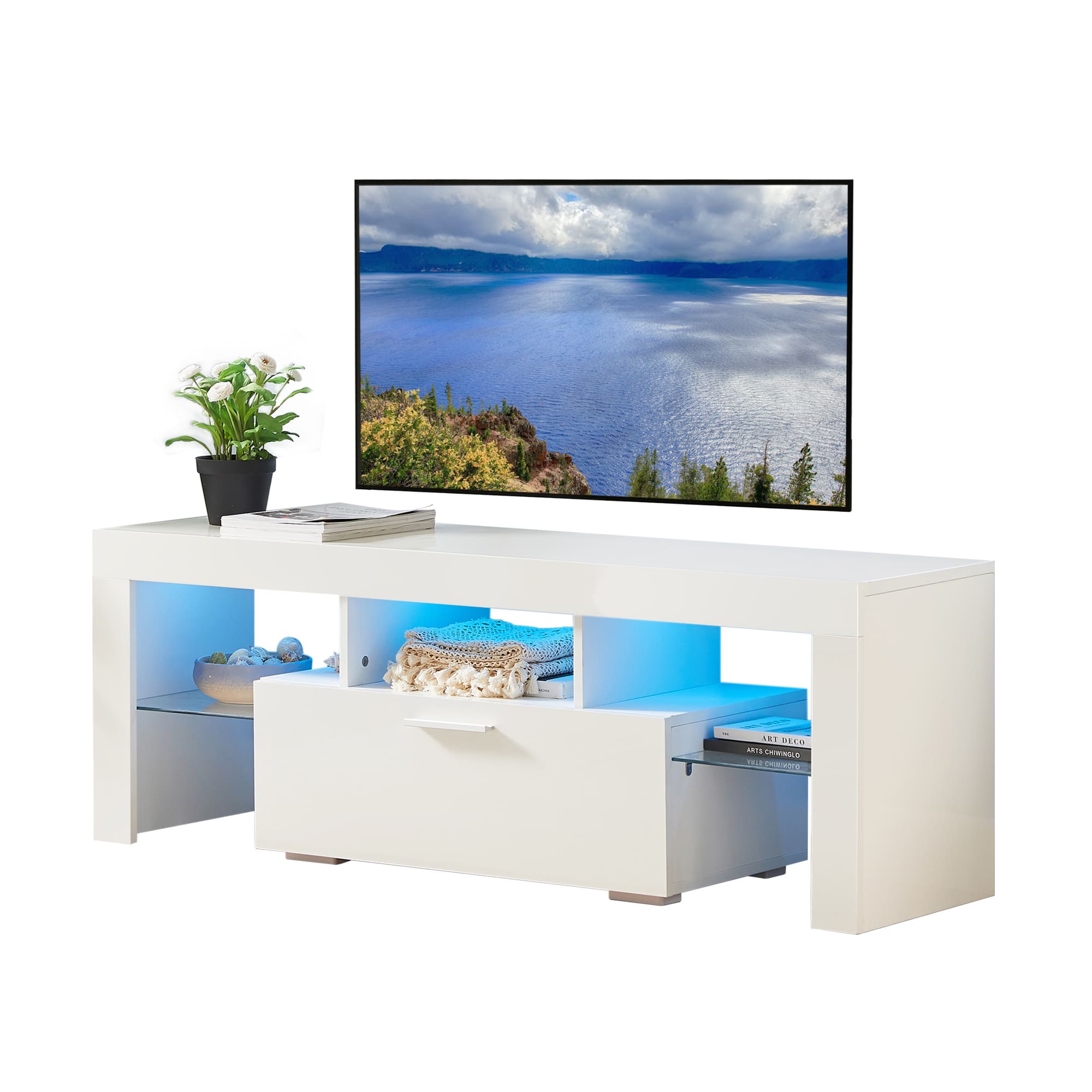 Spaco - TV Stand with LED Light Belt, Remote Control, Toughened Glass Shelf, for Living Room, Bedroom - White