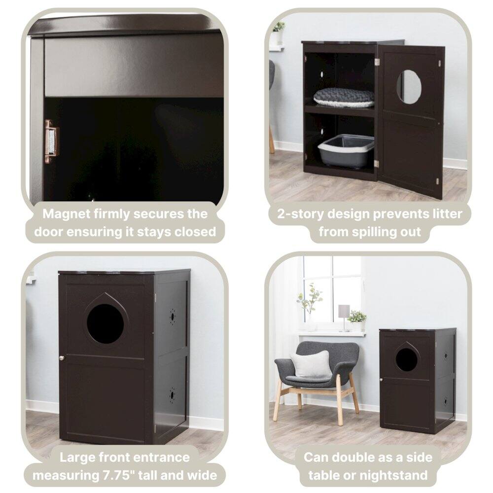 - Magnet firmly secures the door ensuring it stays closed
- 2-story design prevents litter from spilling out
- Large front entrance measuring 7.75" tall and wide
- Can double as a side table or nightstand