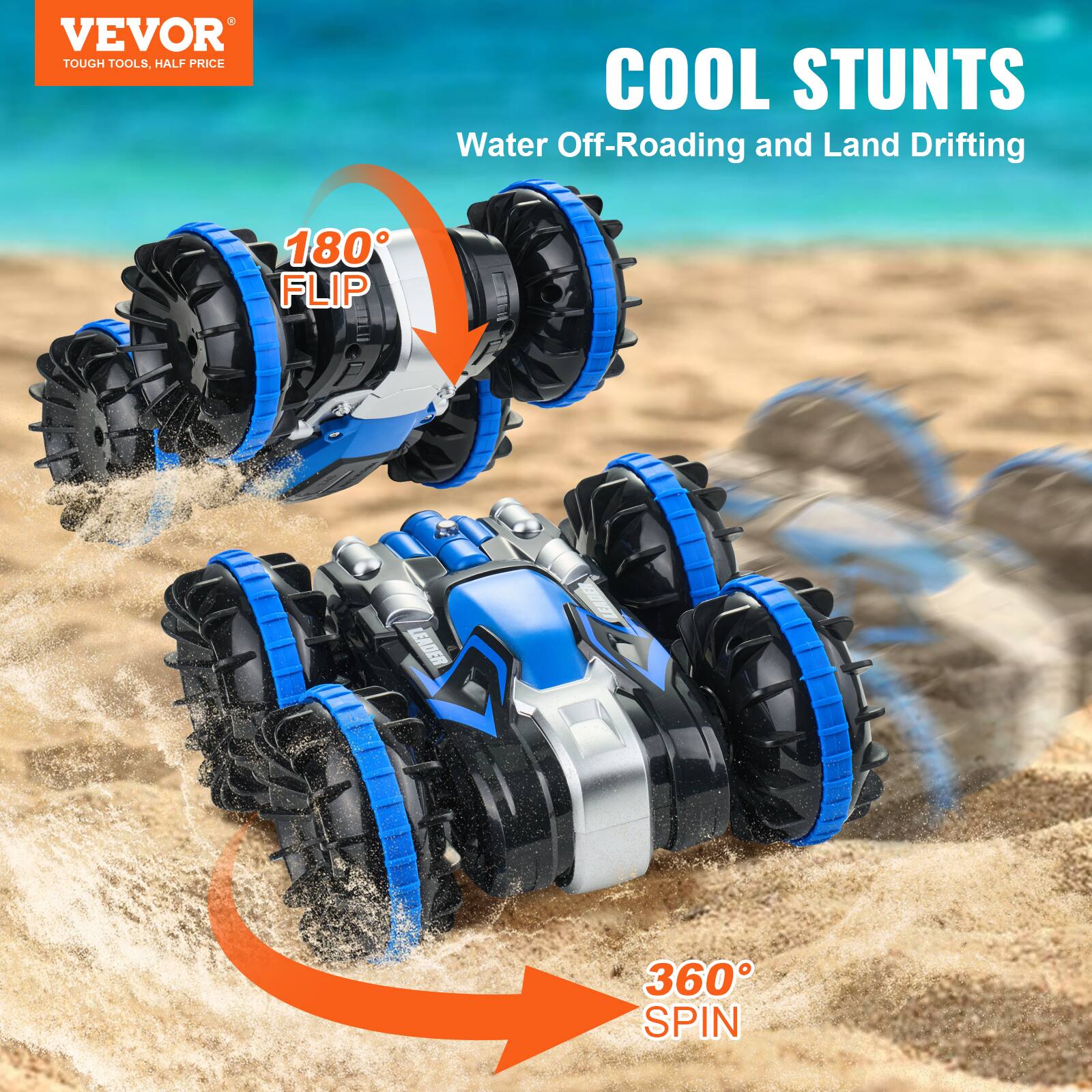 VEVOR  
TOUGH TOOLS, HALF PRICE  

COOL STUNTS  
Water Off-Roading and Land Drifting  

180° FLIP  

360° SPIN
