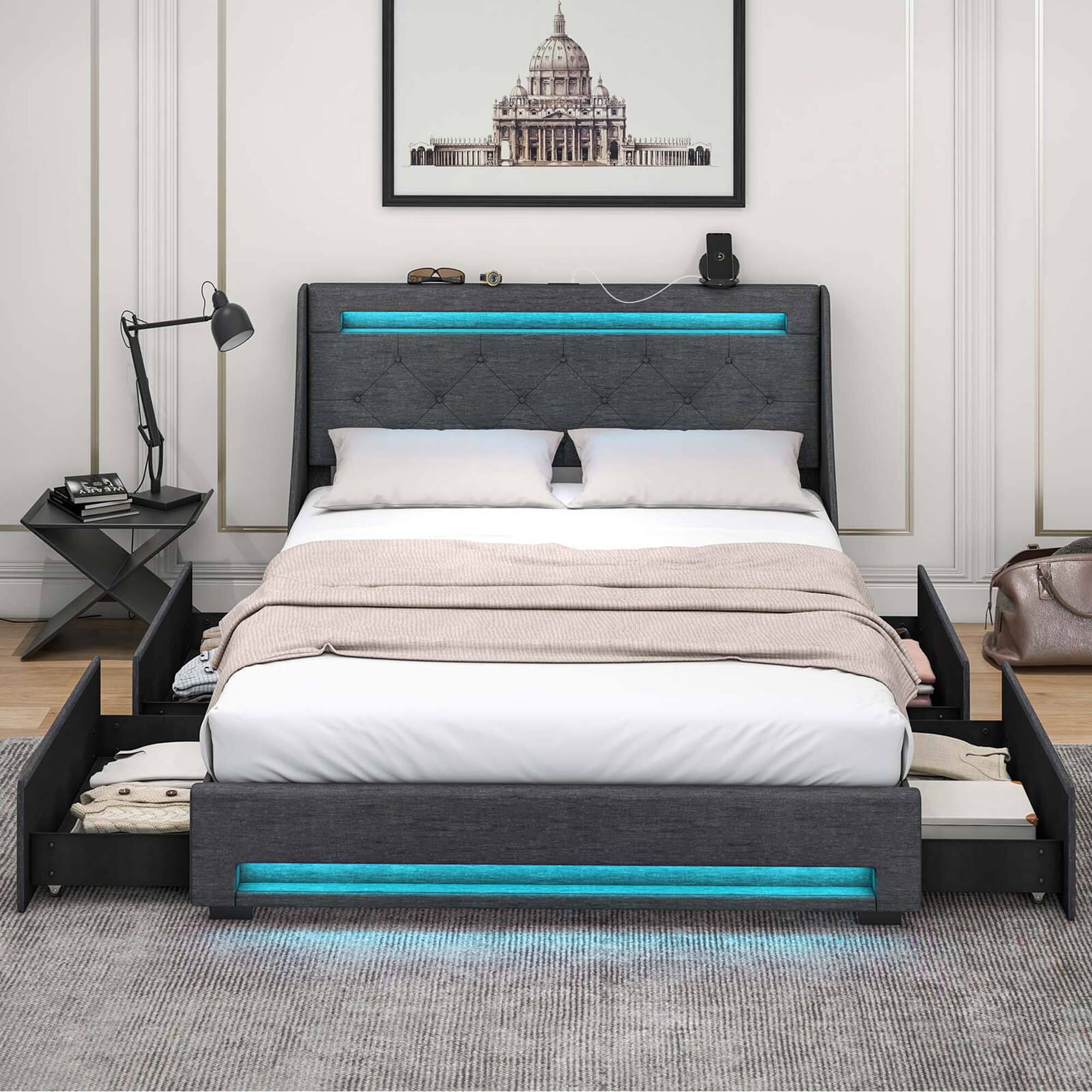 Angle. Costway - Queen Size Bed Frame with LED Lights & Charging Station Upholstered Platform Bed - Gray.