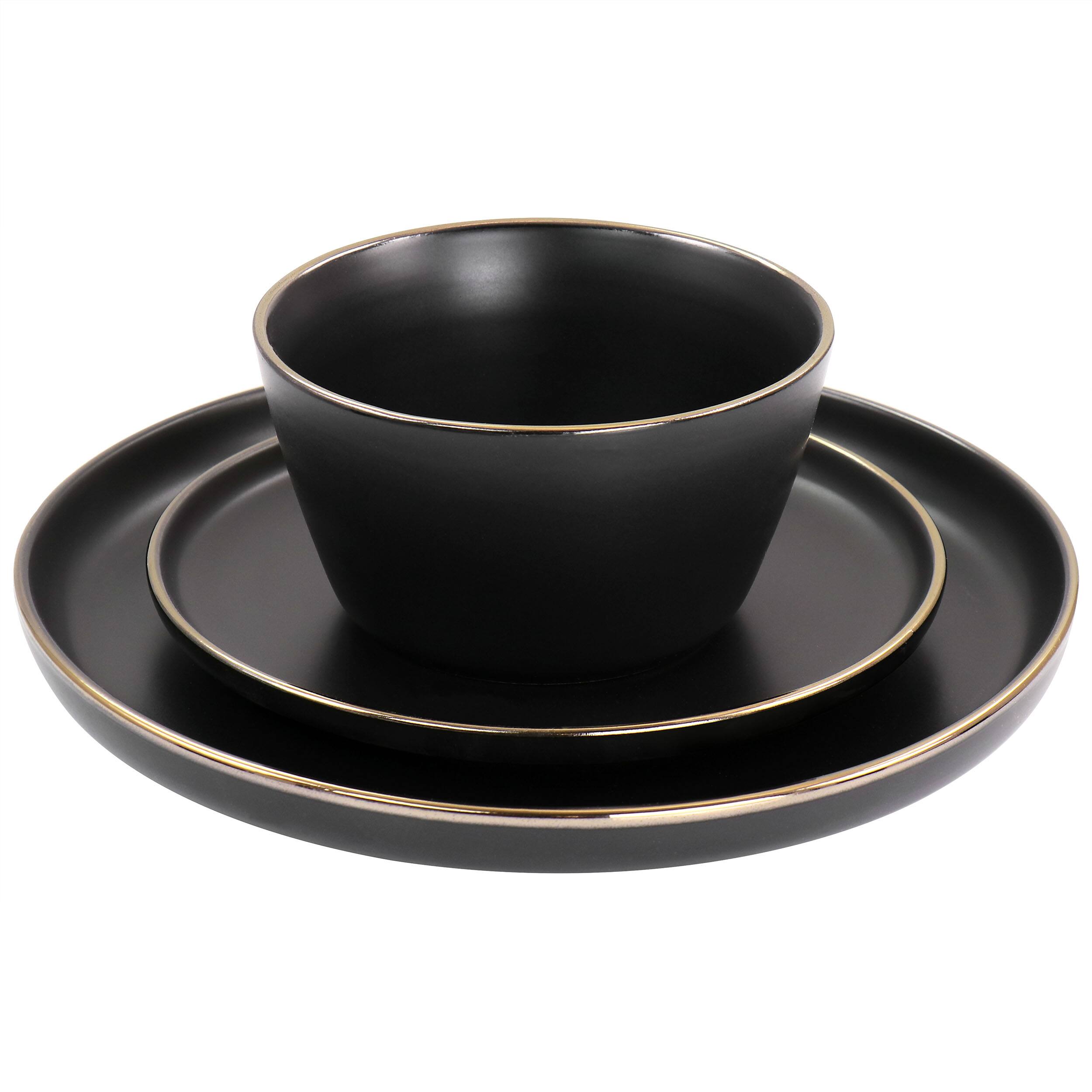 Alt View 2. Elama - Elama Paul 16 Piece Stoneware Dinnerware Set in Matte Black with Gold Rim - Black and Gold.