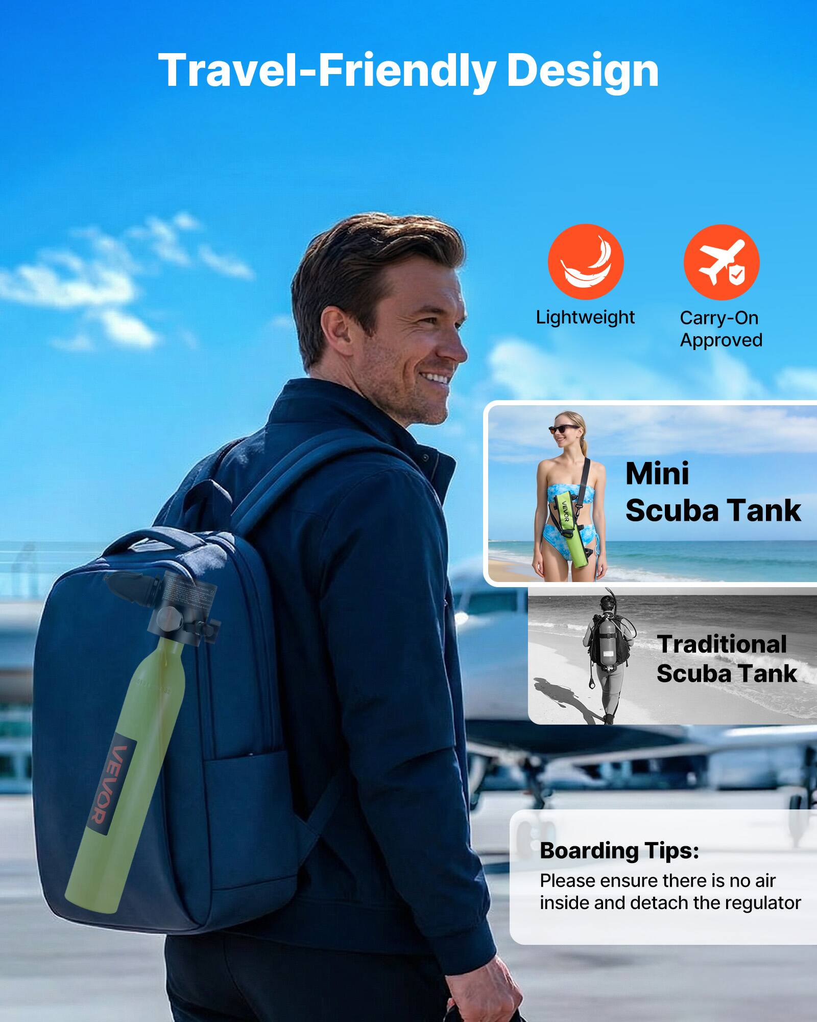 Travel-Friendly Design  
Lightweight  
Carry-On Approved  

Mini Scuba Tank  
Traditional Scuba Tank  

Boarding Tips:  
Please ensure there is no air inside and detach the regulator