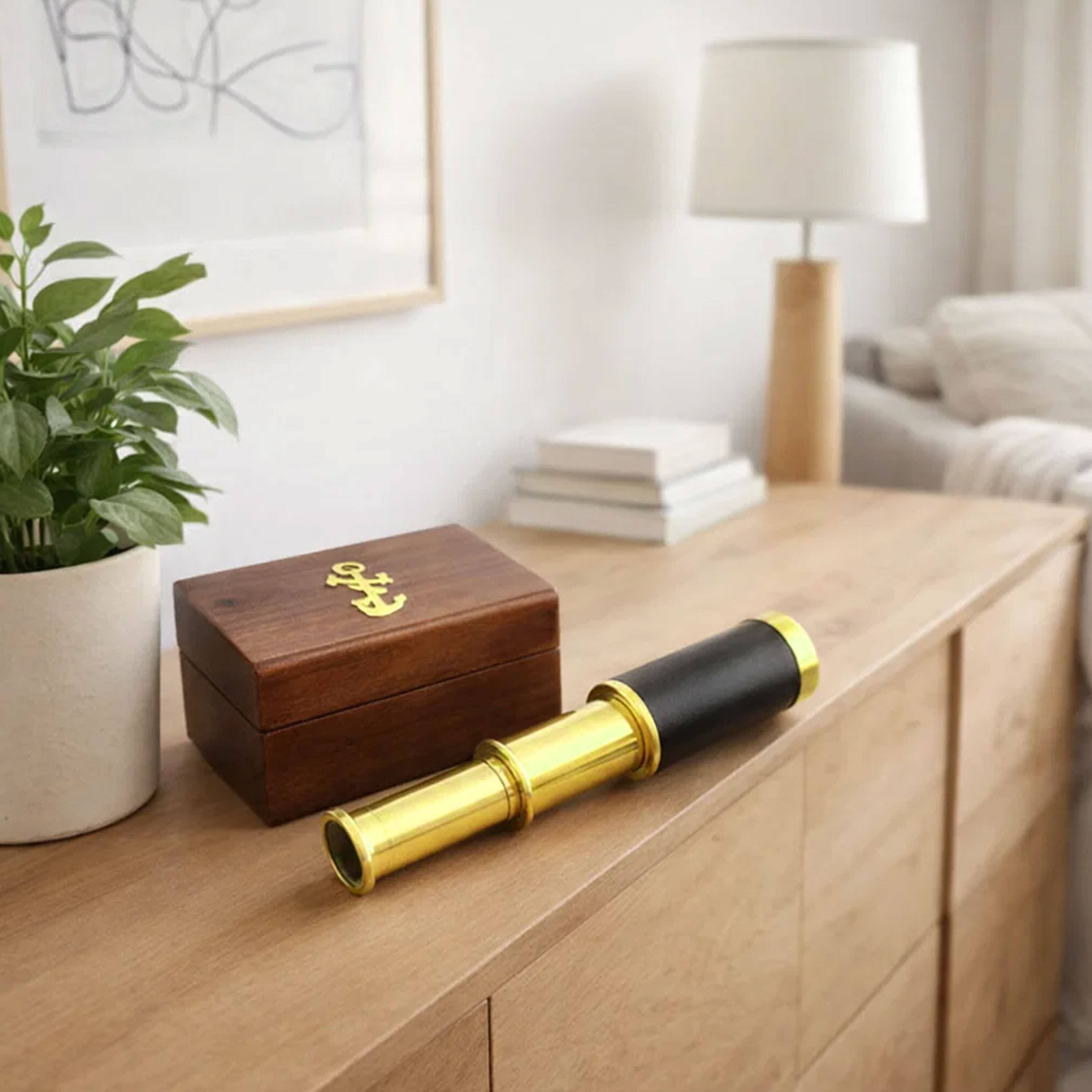 Alt View 4. Manhattan Lane - Small Brass Telescope with Pullout Wooden Box - Gold and Brown.