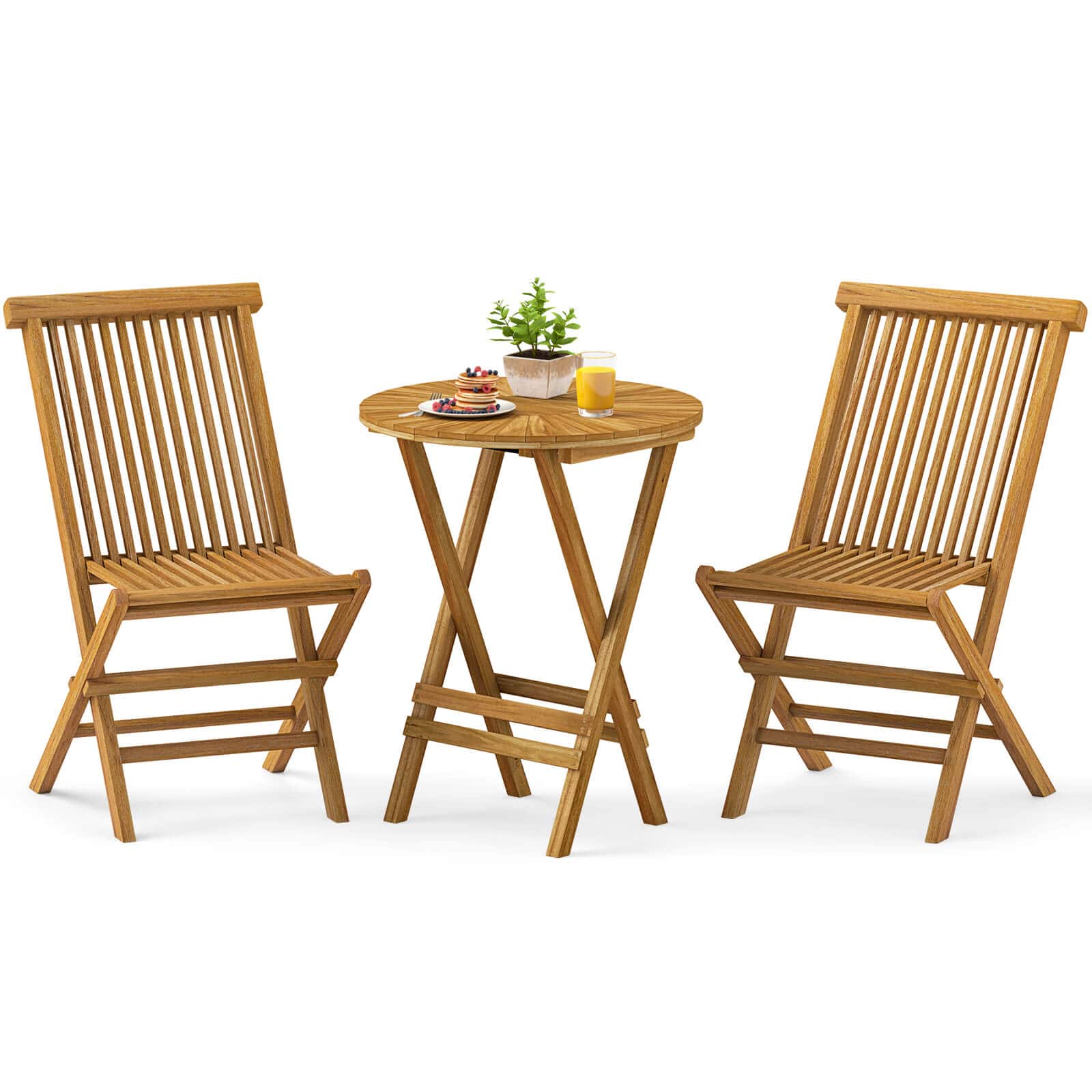 Costway - 3 PCS Folding Patio Bistro Set Teak Wood Round Table and Chairs Furniture Set - Beige