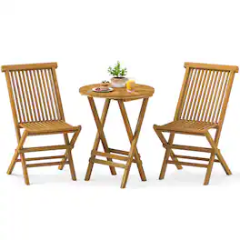 Costway - 3 PCS Folding Patio Bistro Set Teak Wood Round Table and Chairs Furniture Set - Beige