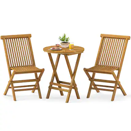Front. Costway - Costway 3 PCS Folding Patio Bistro Set Teak Wood Round Table and Chairs Furniture Set - Beige.