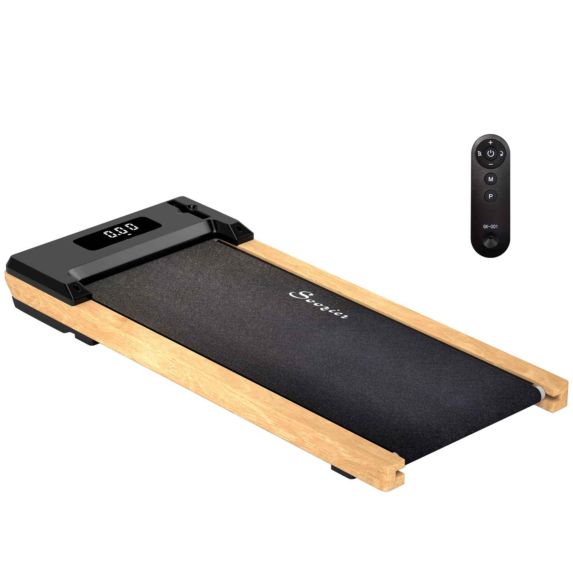 Soozier - Walking Pad, Wood Under Desk Treadmill with Remote Control - Black and Natural