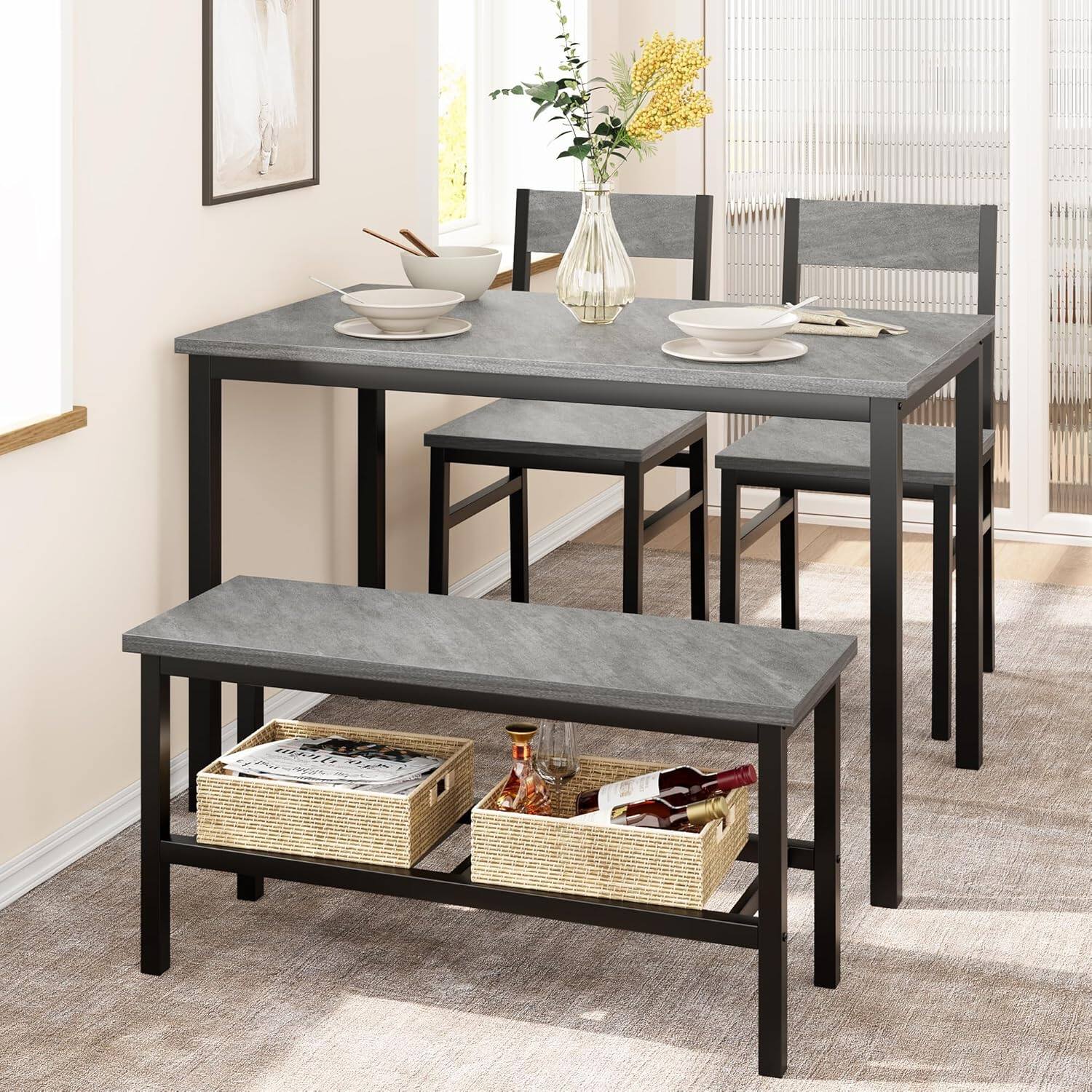 Alt View 4. Qeetex - Vintage 4-Piece Dining Set with Bench | Space-Saving for Small Spaces, Durable & Easy Assembly - Gray.