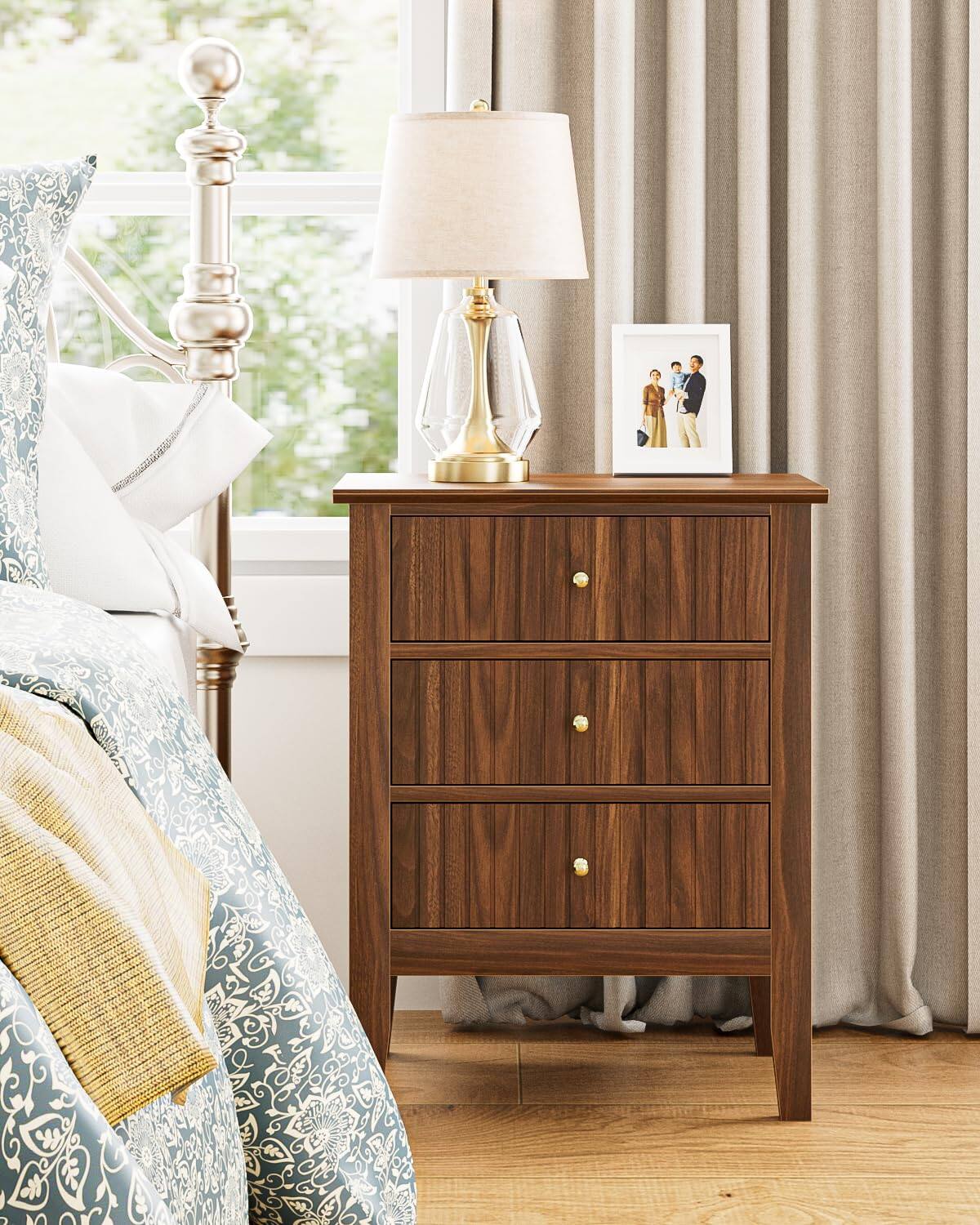Alt View 1. Empire DigiLabs - Night Stand Fluted Nightstand Bedside Tall Farmhouse With 3 Drawers Mid Century Modern Side Accent Table En... - Beige.